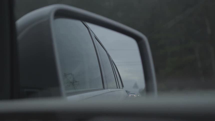 A vehicle travels down a road by a forest