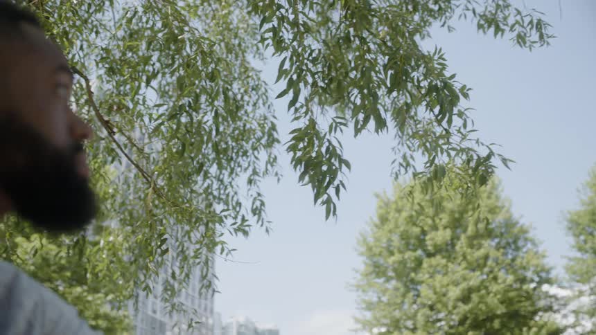 Young man sits under tree and looks up towards sky