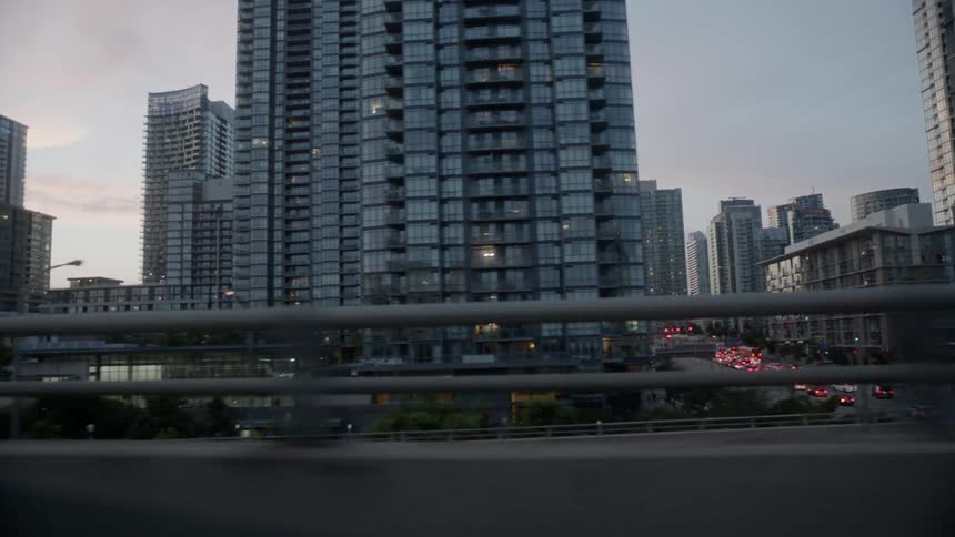 Skyscrapers in a city at dusk