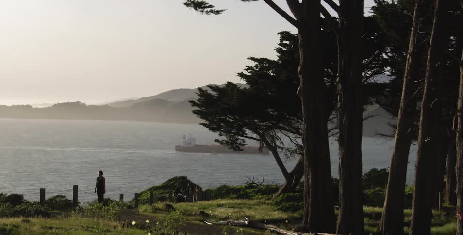 A ship is in the ocean outside