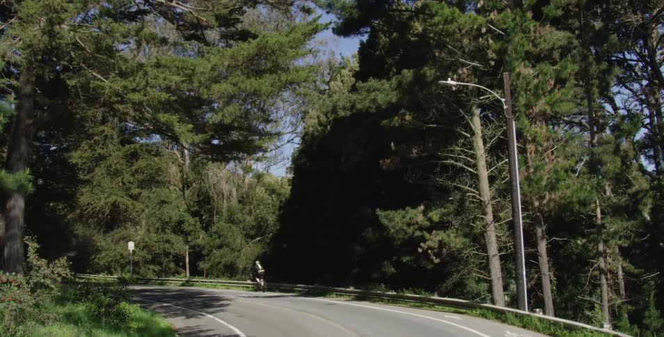 A person is riding a bike on a road in a wooded area