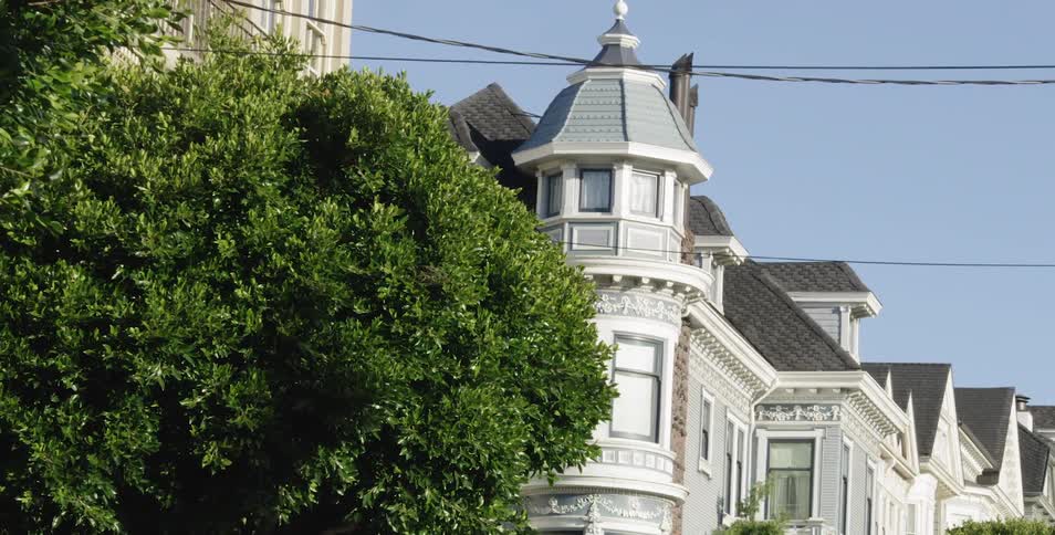 Old style houses in a neighborhood with trees and bushes nearby