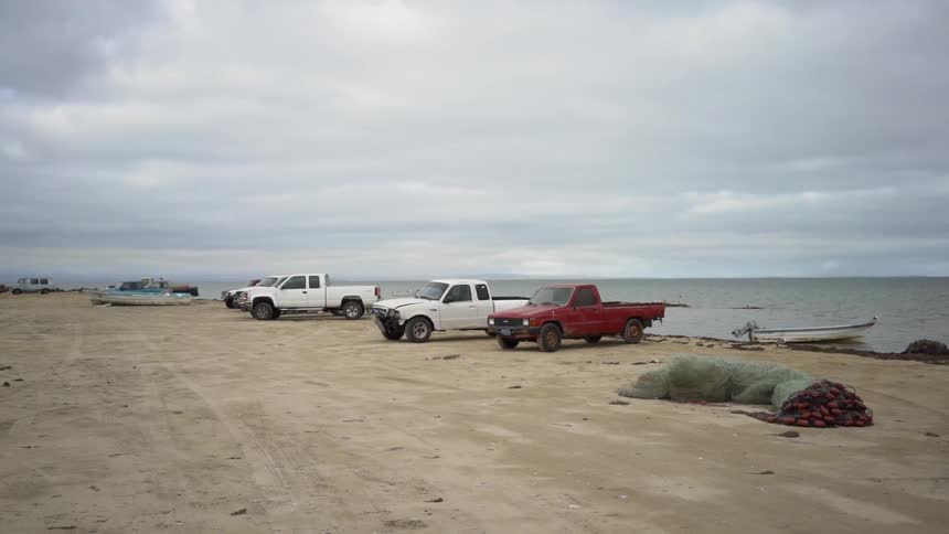 Trucks parked on dirt near ocean