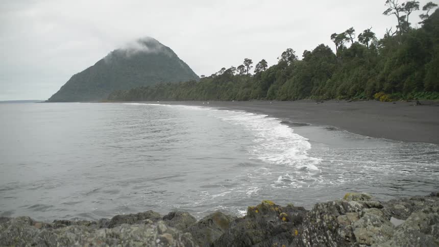 A mountain stands behind a beach lined with trees