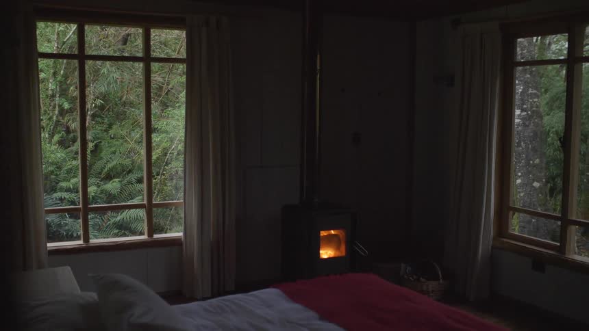 A wood stove burning in the corner of the room