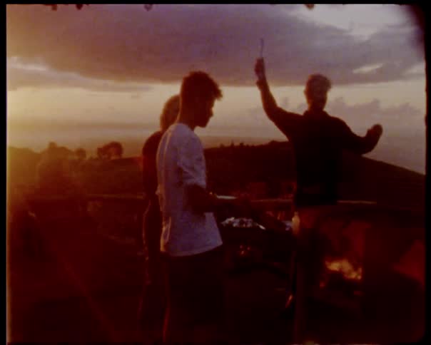 Friends barbecue outside at sunset