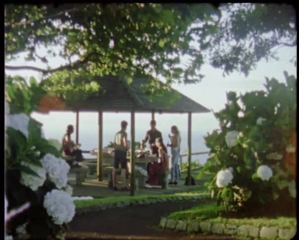 A group of people under a gazebo outside hanging out
