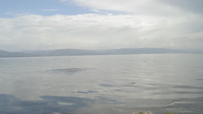 Camera looks out across a lake as a rock splashes into it