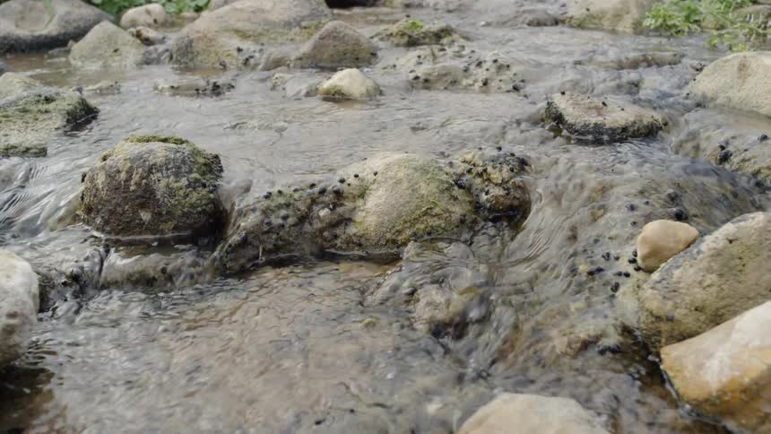 Water flows down between rocks
