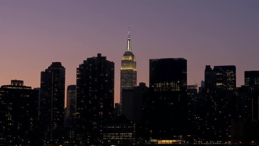 A city skyline at sunset