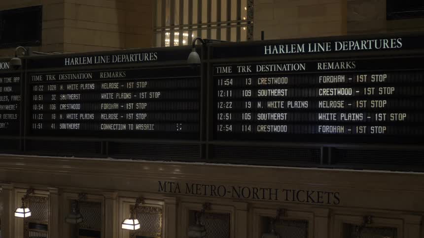 The camera is fixed on a sign showing train departures