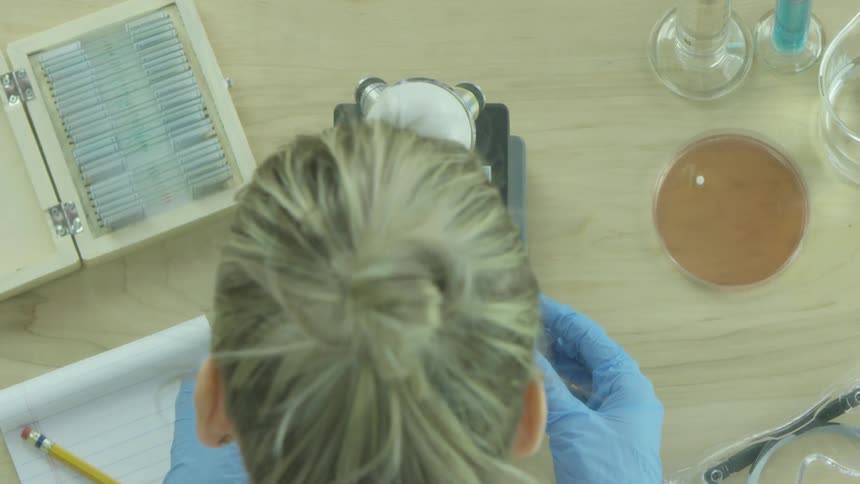 Birds eye view of scientist looking through microscope at a slide and writing down findings in notebook