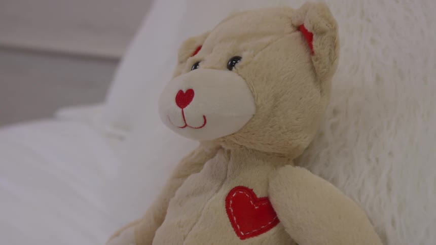 A tan teddy bear with black eyes and a red heart nose and one on his chest rests on a white furry blanket