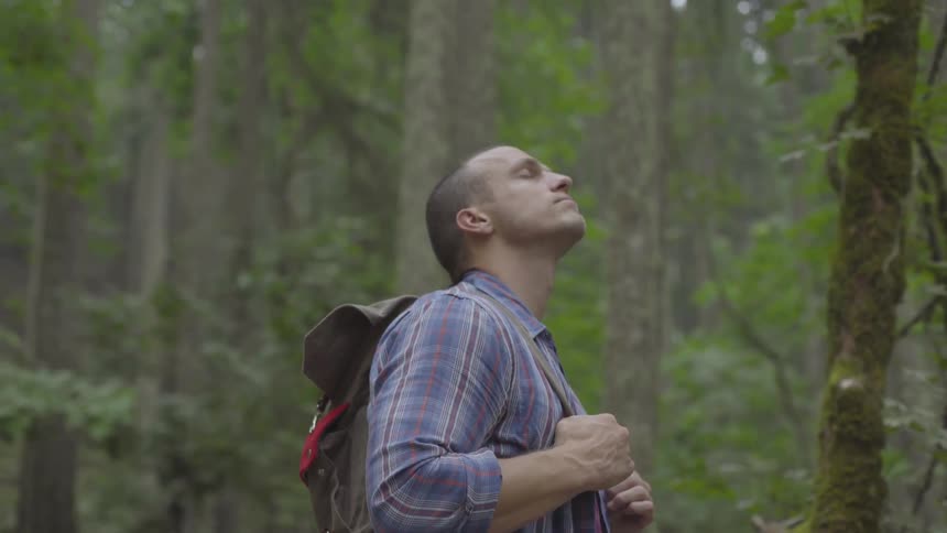 Man stands in the middle of the forest with his head up eyes close relaxing with a backpack