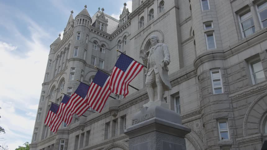 Flags blowing in the wind on a building