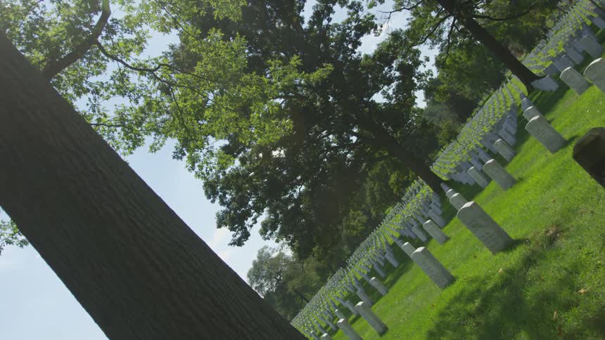 Headstones in rows surrounded by green grass and trees on a sunny day