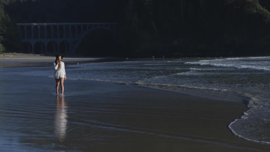 A woman walking down the beach next to the ocean