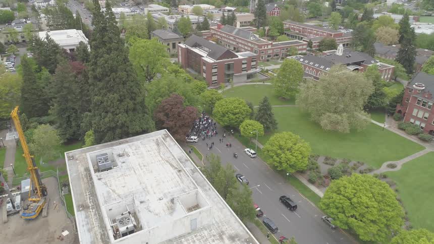 Camera flies over a crowd of people on a road