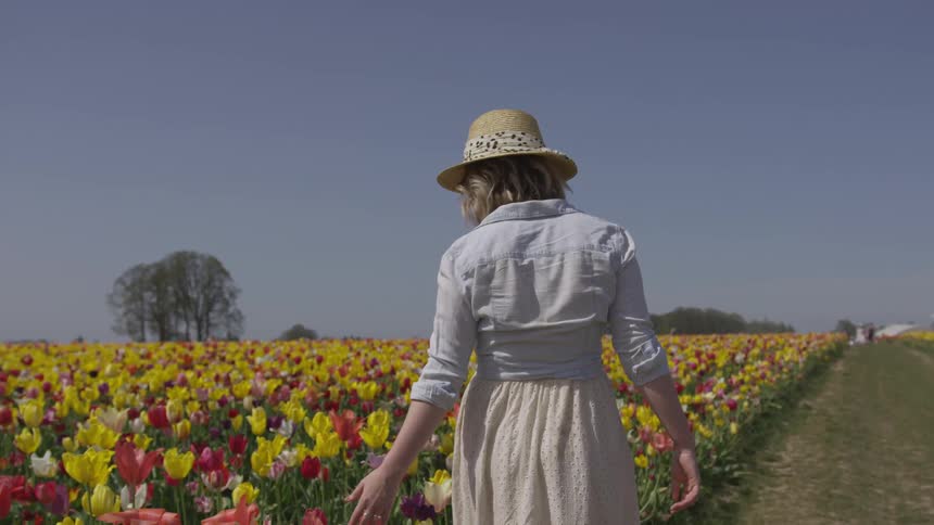 White woman walking along a colorful flower field touching the flowers