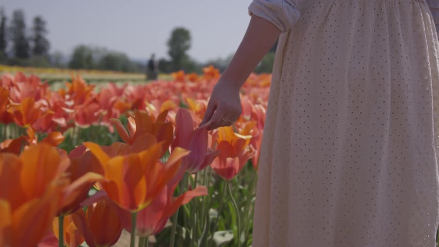 A woman brushes her hand along a row of flowers