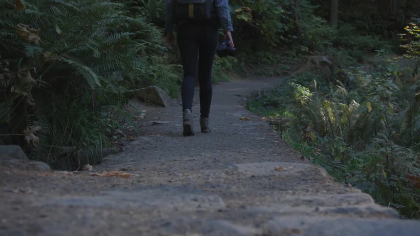 Person walks down a path in the woods carrying a camera