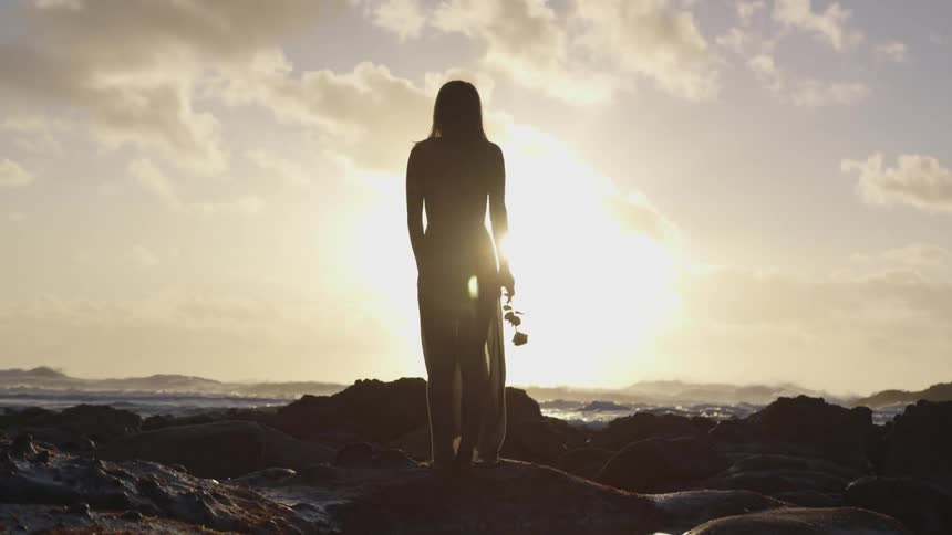 A woman holds a single rose on the rocks