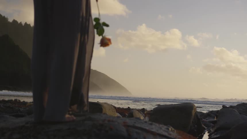 Woman holds a rose while looking out of the ocean