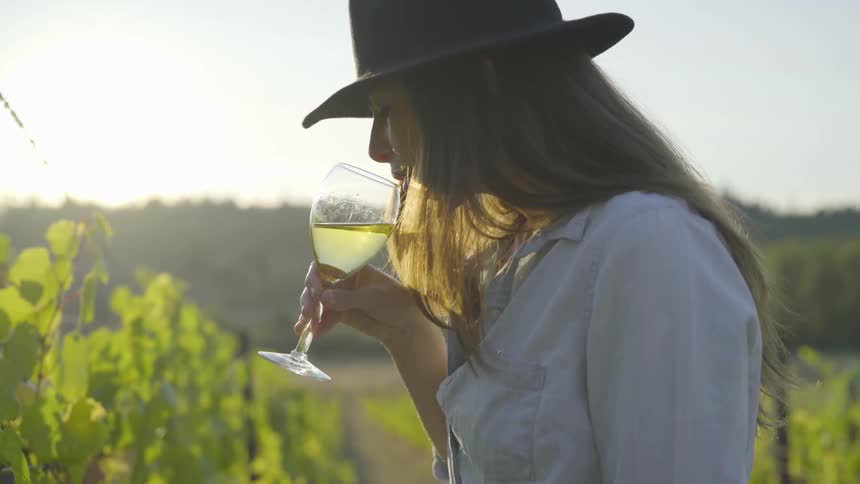 Woman drinks wine from glass while walking in vineyard
