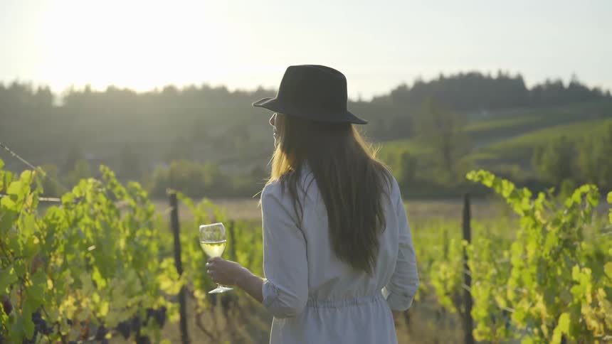 A white woman holding a glass of wine looks out over a vineyard