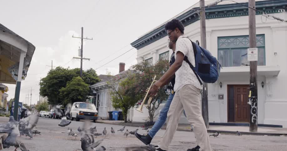 Two boys walk in the street with a lot of birds