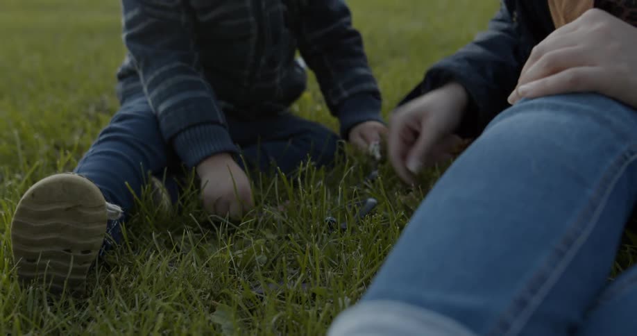 Woman and young girl sit on the grass in the park