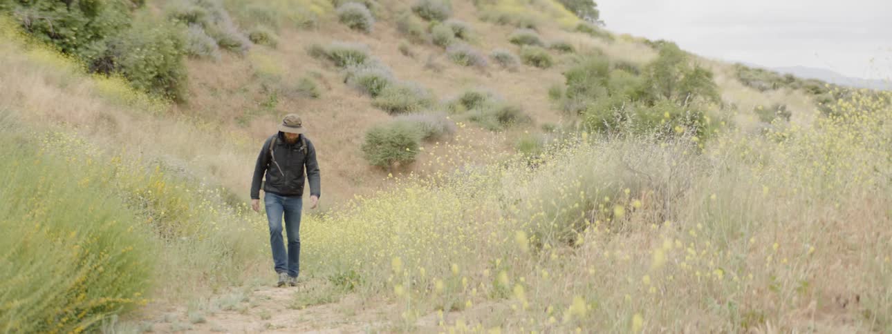 Man wearing a backpack walks on a trail in a field