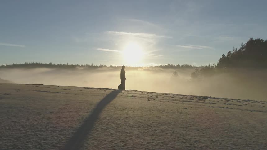 Woman walks across desert sand near forest