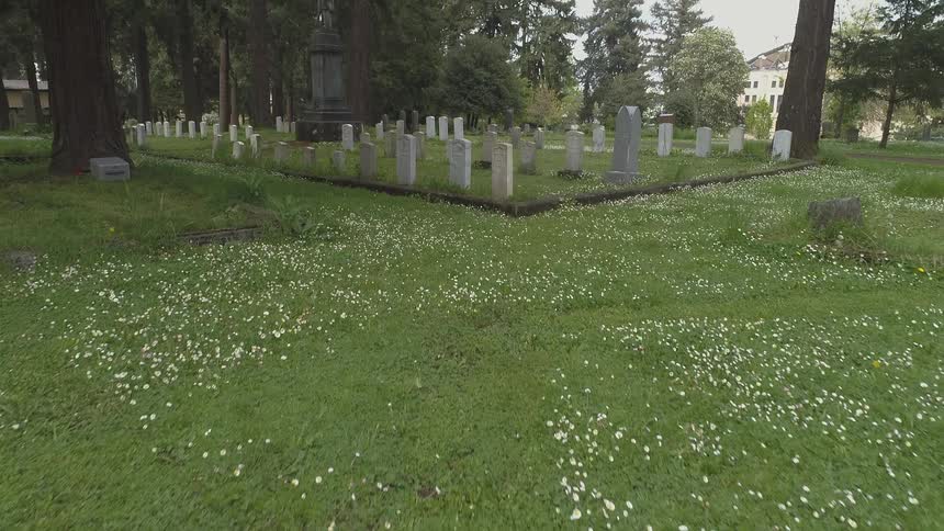 Camera looks over a cemetery