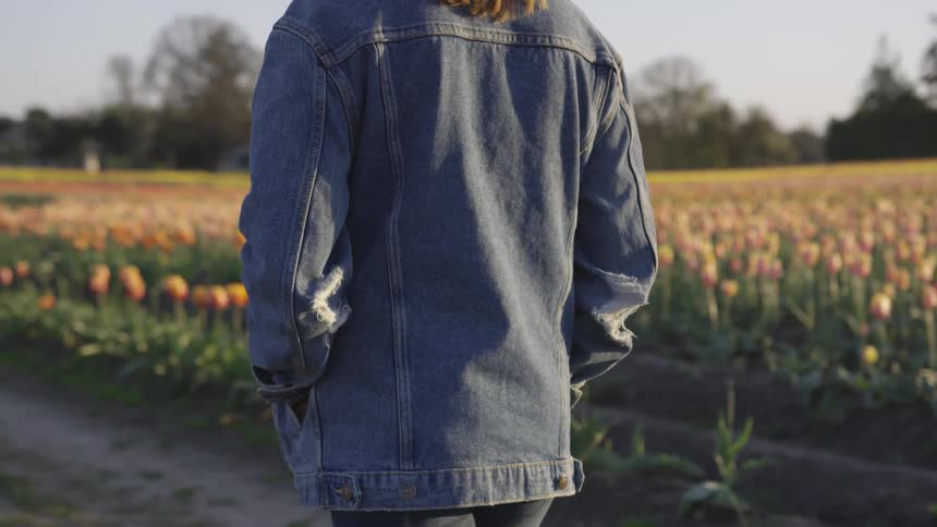 Woman is walking along the edge of a field filled with orange and yellow tulips