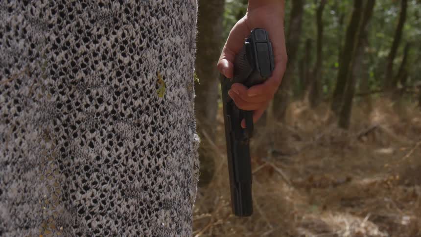 Camera is focused on a hand which holds a pistol