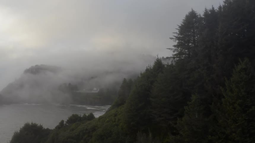 A hazy sky floats over a rocky and forest covered shoreline