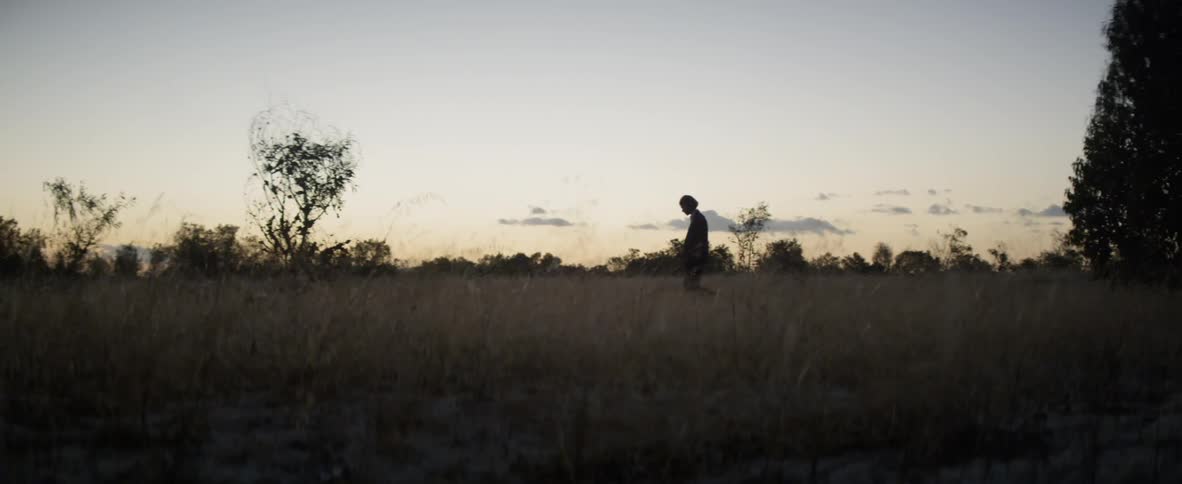 The man is pacing back and forth in an open field at sunset