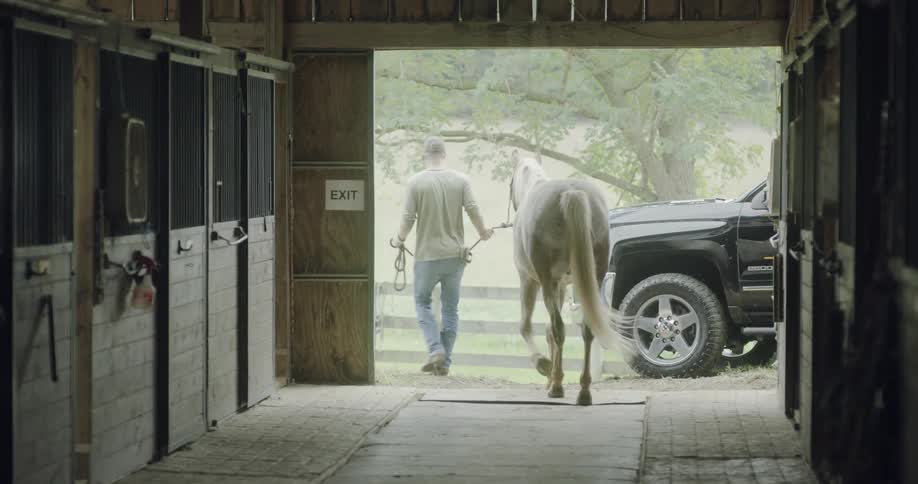 A man leading a horse out of a stable