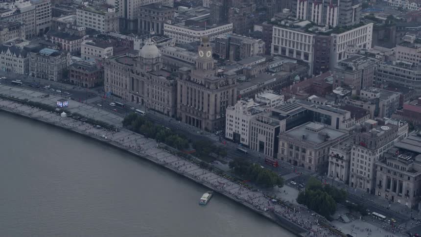 Aerial view of crowds walking along the iconic Bund river in Shanghai