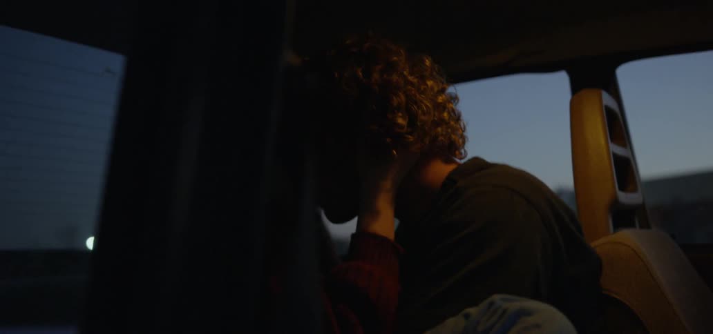 A couple kissing in the backseat of a car at dusk