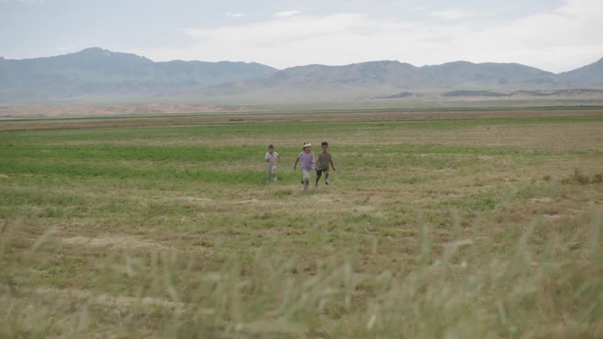 Three children are running in a field