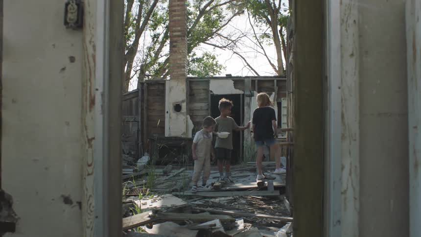 Three kids play in a decrepit building