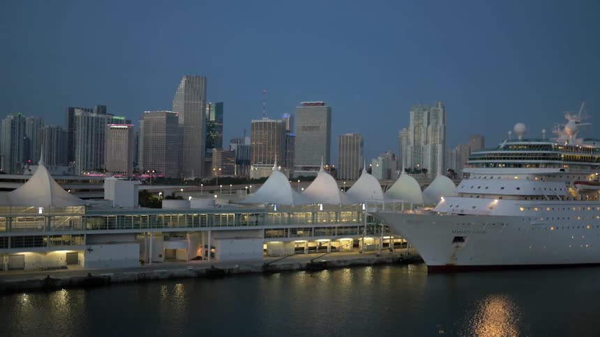 Cruise ship at port in a large city