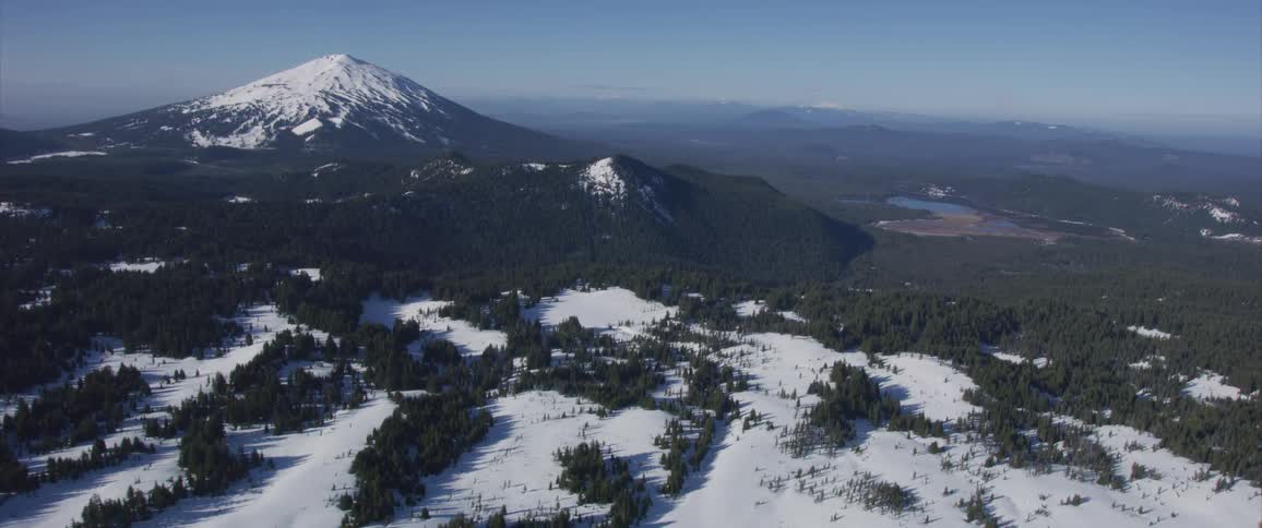 Snow covers forest and mountain peak