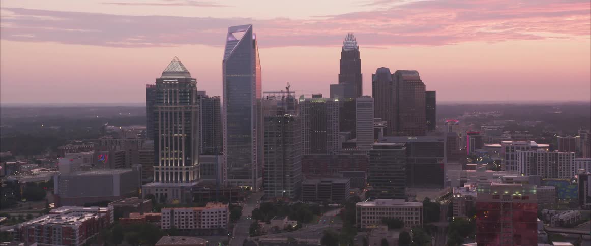 City skyline at sunset