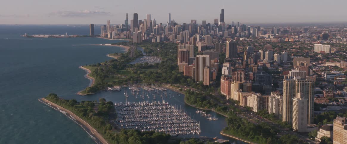 Aerial view of a city and the waterfront