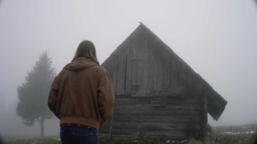 A man walks towards an abandoned building