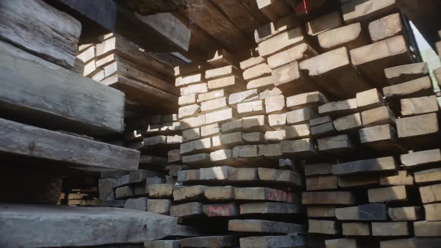 Lumber is stacked up high on a sunny day