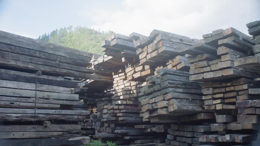 Stacks of wood in a lumber yard